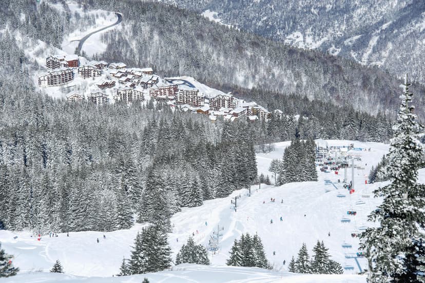 Skiers enjoying tree lined slopes of La Tania in French Alps