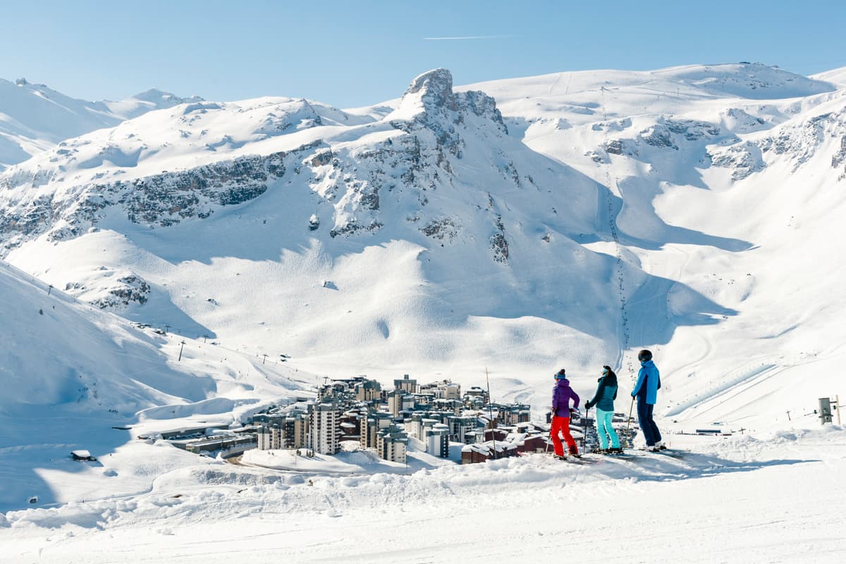 Family of skiiers overlooking Tignes Ski Resort