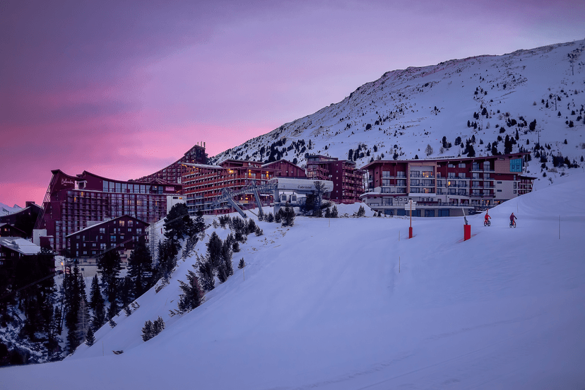 Les Arcs Mountain ski resort at sunset