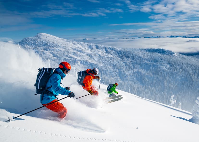 skiers race down a mountain with powder trails