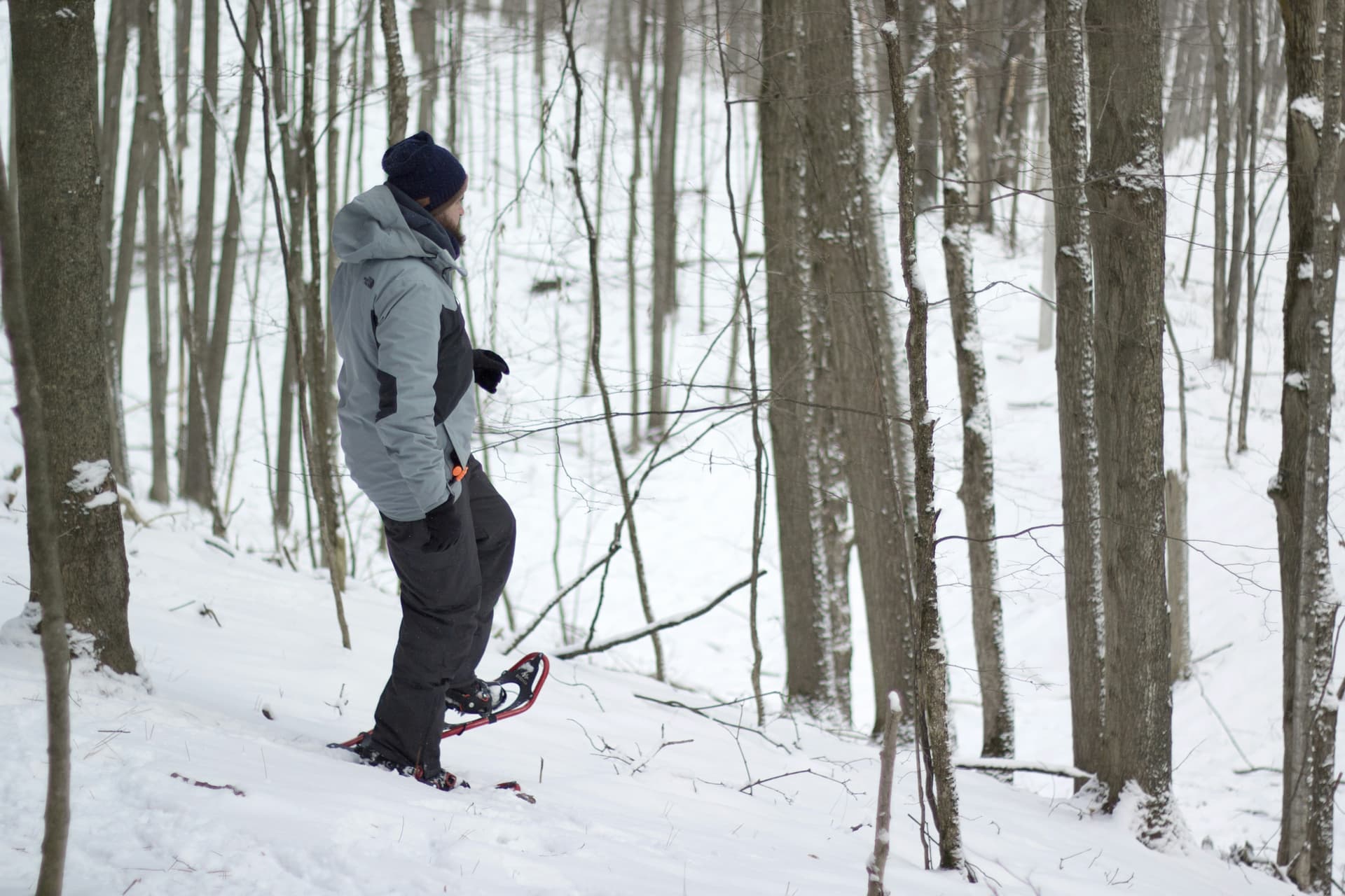 man-snowshoe-walking-in-snowy-forest