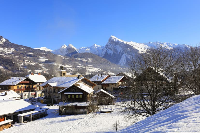 Morillon town with mountains in the background