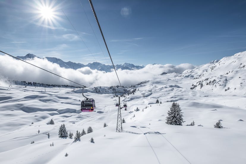 Gondola above ski reosrt in Swiss ski resort Bettmeralp