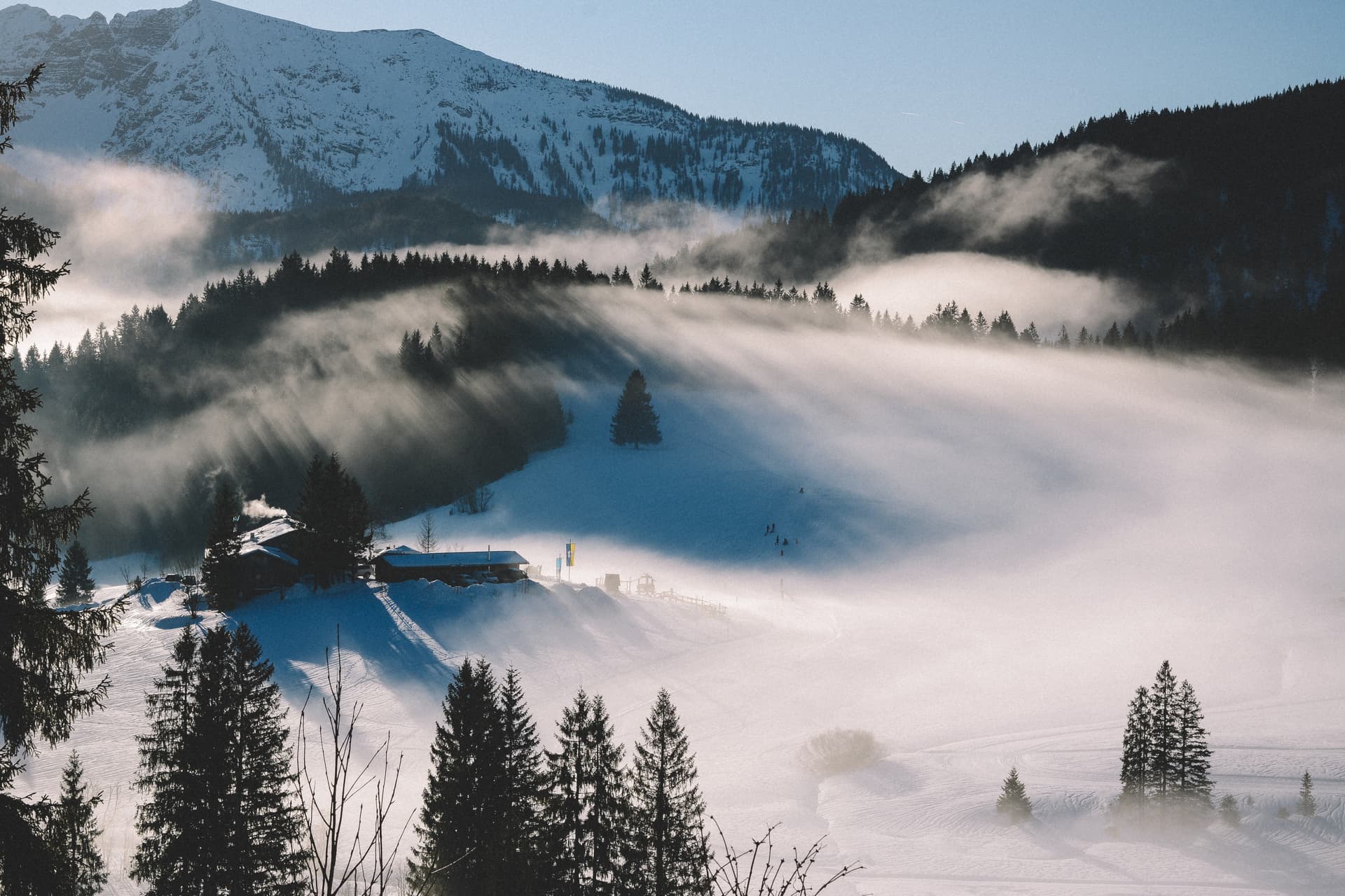 Mist rolling in on ski resort in france