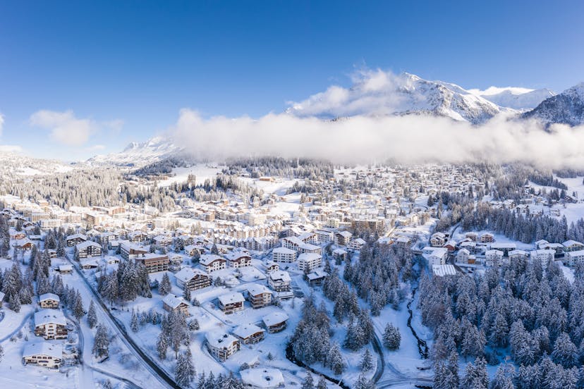 Lenzerheide ski resort town after heavy snowfall in winter