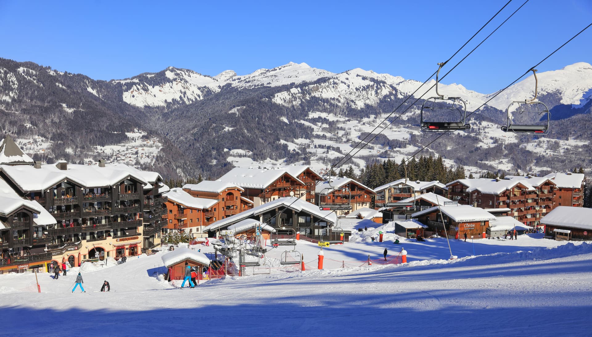 Morillion ski resort town on blue sky day