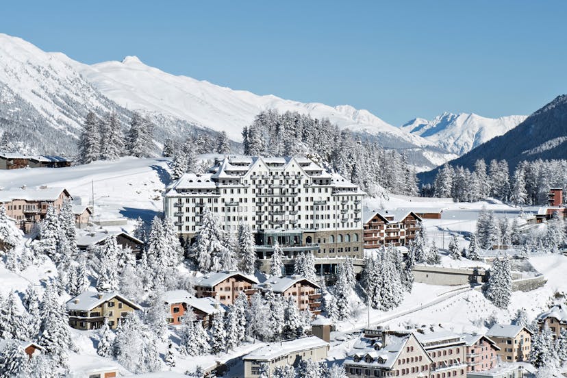 snowy town of St Moritz with mountains in the background